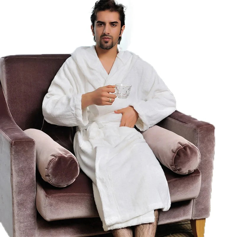 Hooded Bathrobe Men 100% Cotton Long Terry Towel Big and Tall Towel Bathrobe Male Terry Cloth Bath Robe Sleeping Dressing Gown