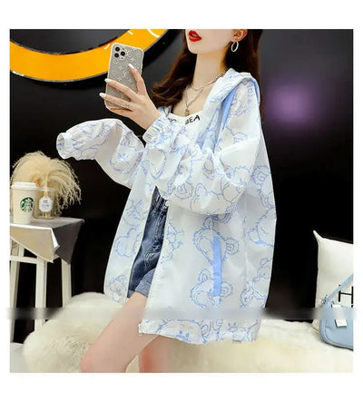 Summer Thin Sunscreen Jacket Women New Kawaii Bear Print Coats Female Casual Korean Loose Zipper Windbreaker