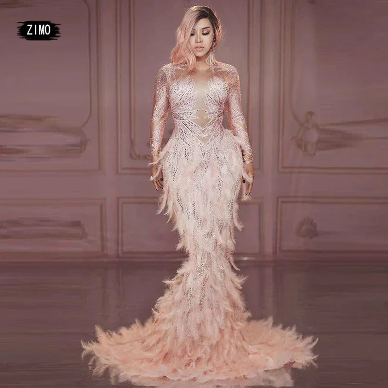 Rhinestone Pink White Feather Dress For Women