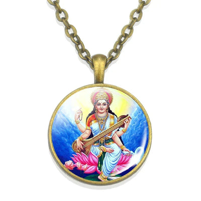 Lakshmi Goddess Pattern Bronze Retro Pendant Necklace Hinduism God Ganesh Glass Cabochon Jewelry Necklace Amulet Gift