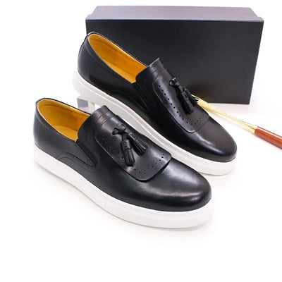 Leather casual shoes tassel high-end handmade men's shoes comfortable round toe flat shoes office banquet men's loafers