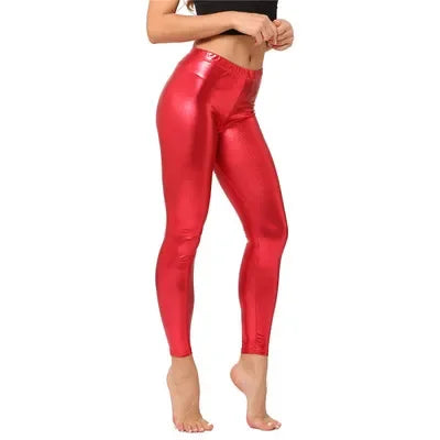 Ladies Silver Metallic Shiny Laser Leather Leggings Women Candy Color