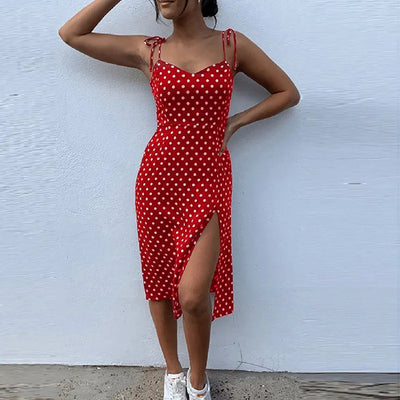 Dresses Sundress Summer Women Causal Polka Dot Sleeveless High Pleated elastic waist V-Neck Beach Dress Vestidos De Verano