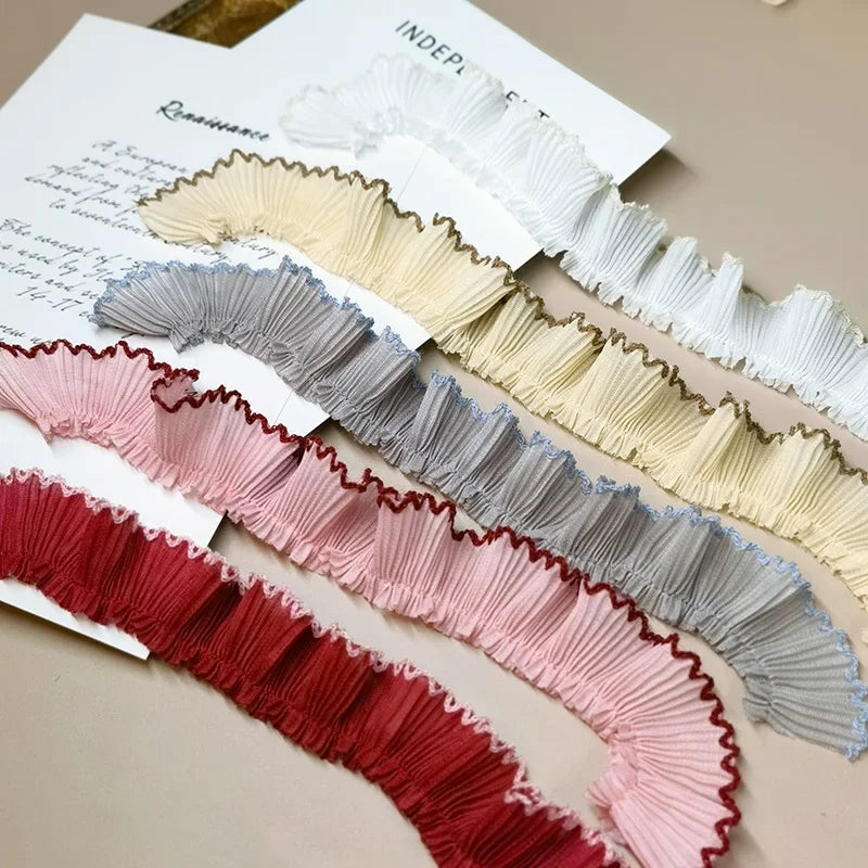 4M/lot 3cm Wine red/pink/Beige Chiffon Pleated Lace Dog Tooth Ruffle Lace Trimming for Dress Pet Cloth Home Decoration X1496