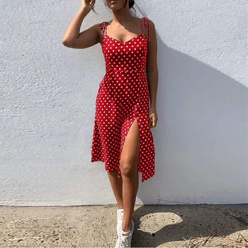 Dresses Sundress Summer Women Causal Polka Dot Sleeveless High Pleated elastic waist V-Neck Beach Dress Vestidos De Verano