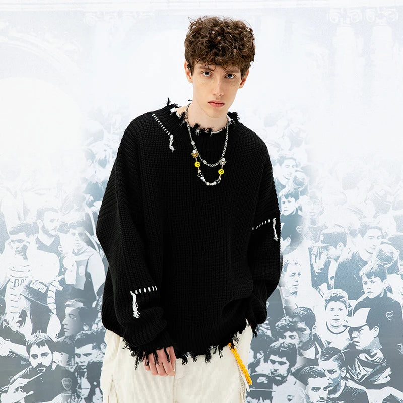 Half Turtleneck Sweater Men's Streetwear Wash Destroyed Sweater Hip Hop Tassels Ripped Knit Sweaters Oversize Pullovers Autumn