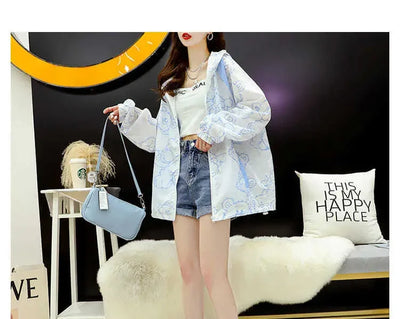 Summer Thin Sunscreen Jacket Women New Kawaii Bear Print Coats Female Casual Korean Loose Zipper Windbreaker