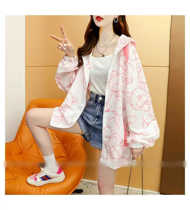 Summer Thin Sunscreen Jacket Women New Kawaii Bear Print Coats Female Casual Korean Loose Zipper Windbreaker