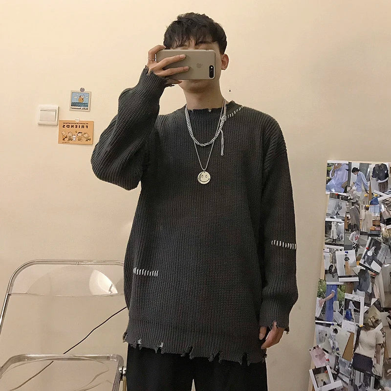 Half Turtleneck Sweater Men's Streetwear Wash Destroyed Sweater Hip Hop Tassels Ripped Knit Sweaters Oversize Pullovers Autumn