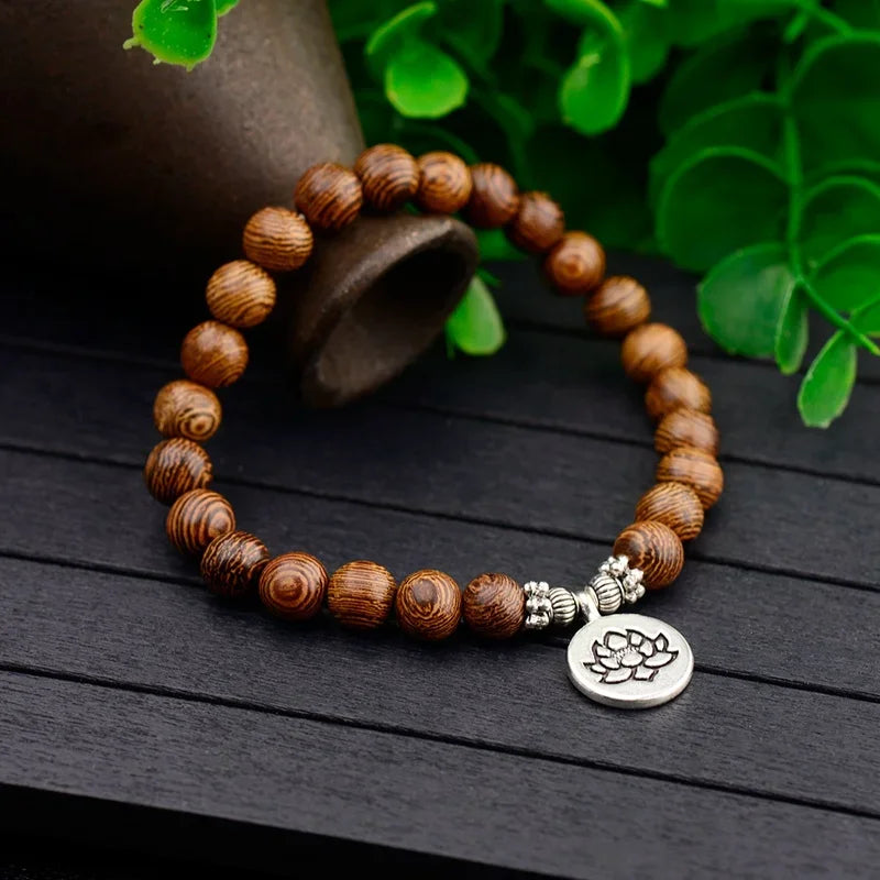 Ethnic Buddhism Lotus Pendant Bracelet Homme Women's Chakra Wood Beaded Bracelet Drop Shipping