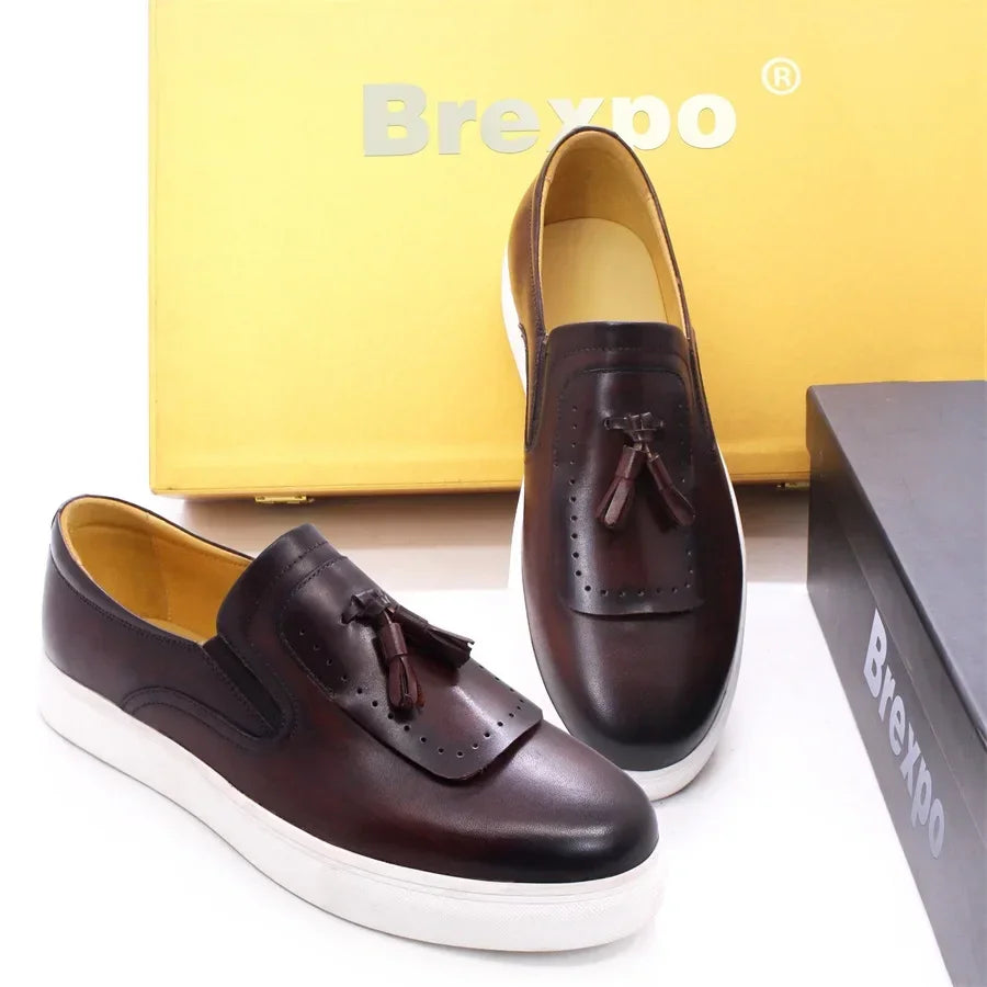 Leather casual shoes tassel high-end handmade men's shoes comfortable round toe flat shoes office banquet men's loafers