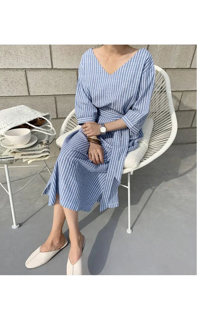 2021 Summer Striped Cotton Linen Long Dress Women Fashion Loose Vestidos Vintage V-neck Half Sleeve Dress for Women Loose
