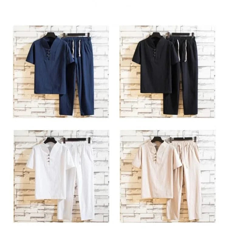 (Shirt + trousers) 2025 summer men shirt Man Cotton and linen shirts Short sleeve men's casual shirts men A set of clothes M-5XL - Elanique