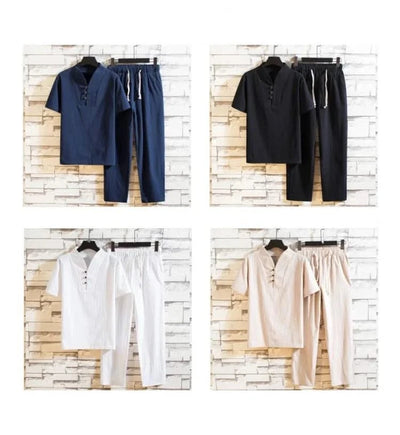 (Shirt + trousers) 2025 summer men shirt Man Cotton and linen shirts Short sleeve men's casual shirts men A set of clothes M-5XL - Elanique