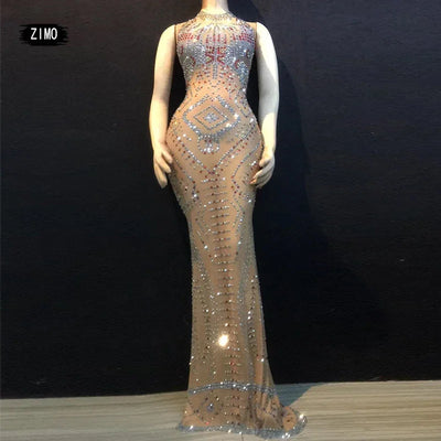 WOMEN Birthday wedding party for women mesh nightclub Singer glitter Rhinestone dress sexy Dance Prom Celebrate designer clothes