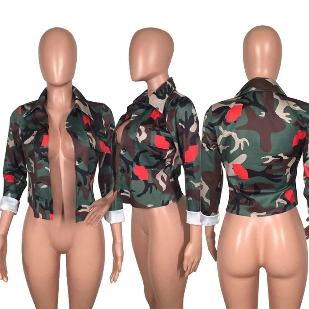Camouflage Bomber Jacket Women Fashion Single-breasted Long Sleeve