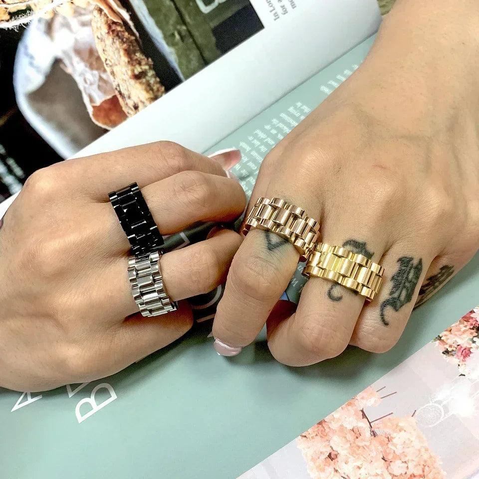 Luxury never fade 18k gold plated bold wide thick ring for women chunky link chain stainless steel strap finger rings