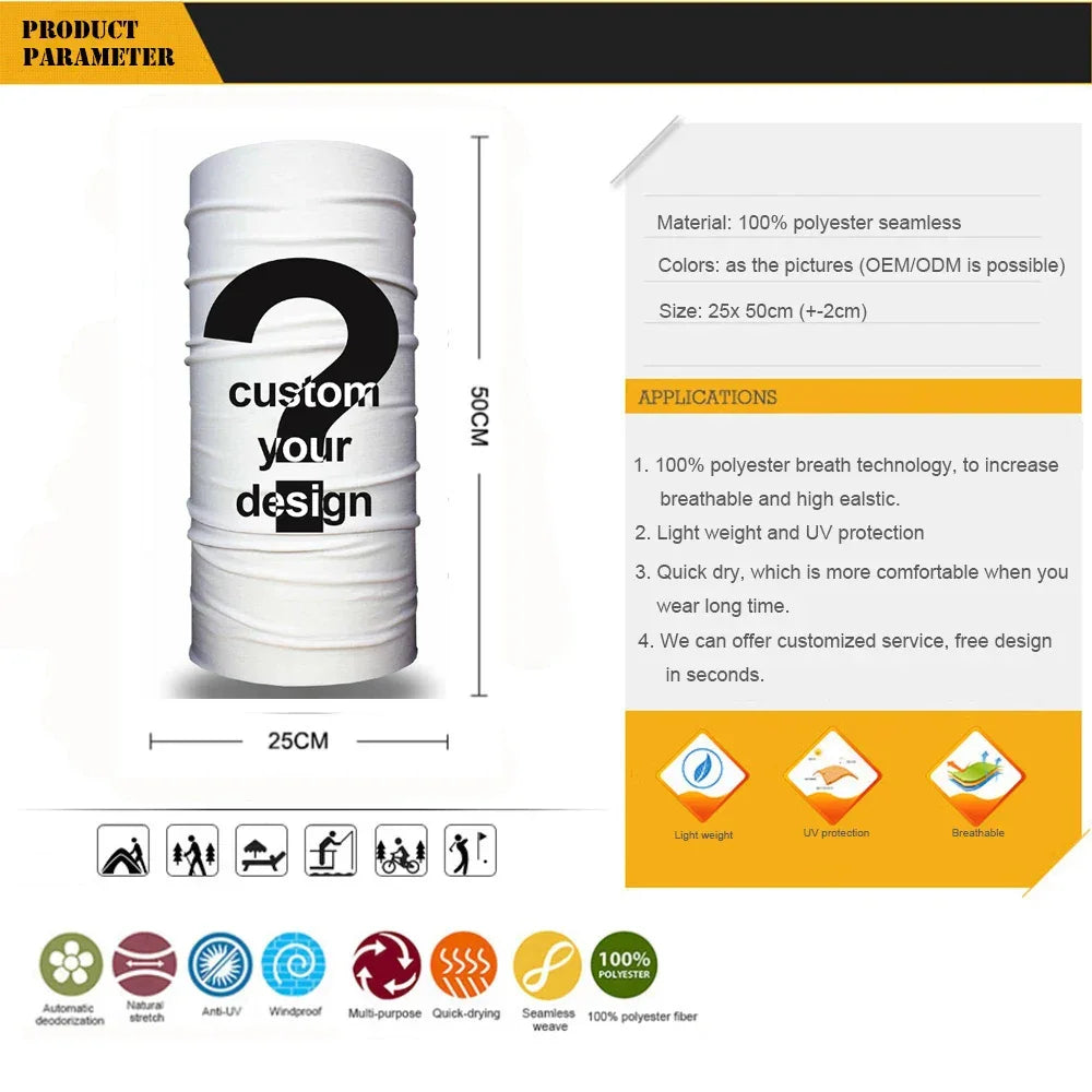 Customized Tube Scarf Seamless Bandana Masks Headband Cycling Caps Neck Gaiter Outdoors Neck Warmer Motorcycle Face Shield 50PCS