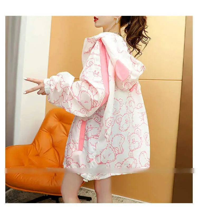 Summer Thin Sunscreen Jacket Women New Kawaii Bear Print Coats Female Casual Korean Loose Zipper Windbreaker