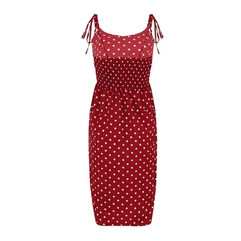 Dresses Sundress Summer Women Causal Polka Dot Sleeveless High Pleated elastic waist V-Neck Beach Dress Vestidos De Verano