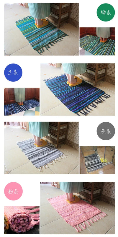 Cotton Cloth Retro Handmade Tassel Rug and Carpet for Home Living Room Tapestry Absorbent Floor Area Mat for Kitchen Boho Decor