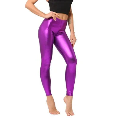 Ladies Silver Metallic Shiny Laser Leather Leggings Women Candy Color