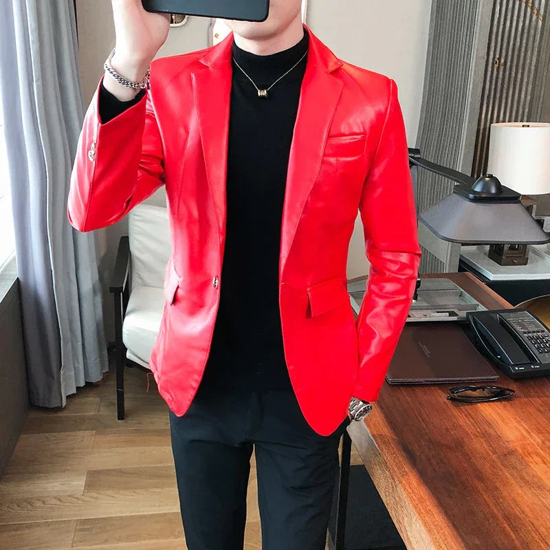 Blazer Hombre PU Leather Jackets Men Fashion Solid Slim Fit One Button Business Casual Blazers For Men Korean style Suit Jacket
