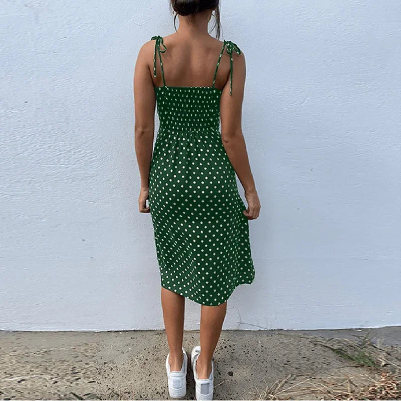 Dresses Sundress Summer Women Causal Polka Dot Sleeveless High Pleated elastic waist V-Neck Beach Dress Vestidos De Verano