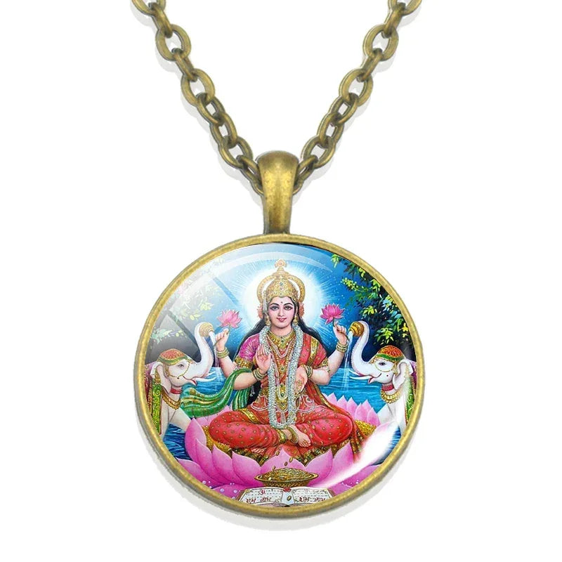 Lakshmi Goddess Pattern Bronze Retro Pendant Necklace Hinduism God Ganesh Glass Cabochon Jewelry Necklace Amulet Gift