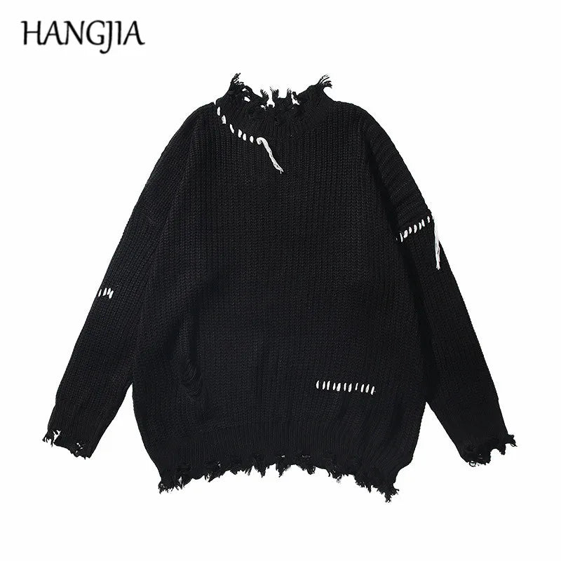 Half Turtleneck Sweater Men's Streetwear Wash Destroyed Sweater Hip Hop Tassels Ripped Knit Sweaters Oversize Pullovers Autumn