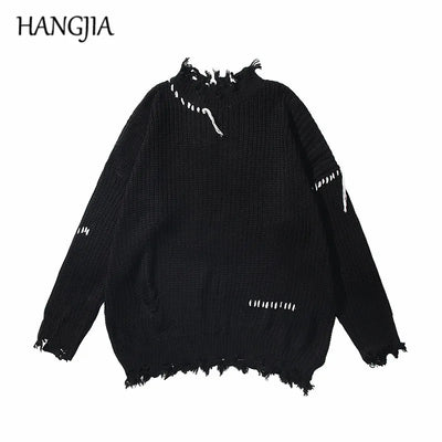 Half Turtleneck Sweater Men's Streetwear Wash Destroyed Sweater Hip Hop Tassels Ripped Knit Sweaters Oversize Pullovers Autumn