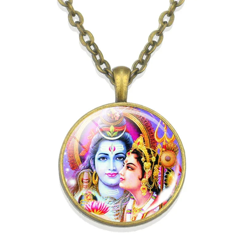 Lakshmi Goddess Pattern Bronze Retro Pendant Necklace Hinduism God Ganesh Glass Cabochon Jewelry Necklace Amulet Gift