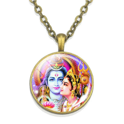 Lakshmi Goddess Pattern Bronze Retro Pendant Necklace Hinduism God Ganesh Glass Cabochon Jewelry Necklace Amulet Gift