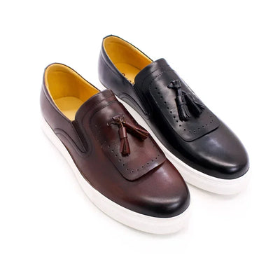 Leather casual shoes tassel high-end handmade men's shoes comfortable round toe flat shoes office banquet men's loafers