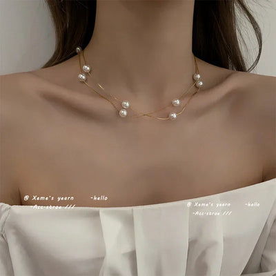 European and American Elegant Double-Layer Pearl String Choker Necklace Korean Fashion Jewelry Sexy Clavicle Chain For Woman