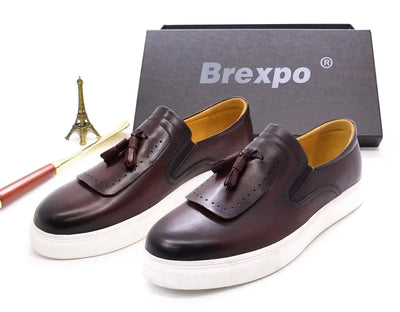 Leather casual shoes tassel high-end handmade men's shoes comfortable round toe flat shoes office banquet men's loafers