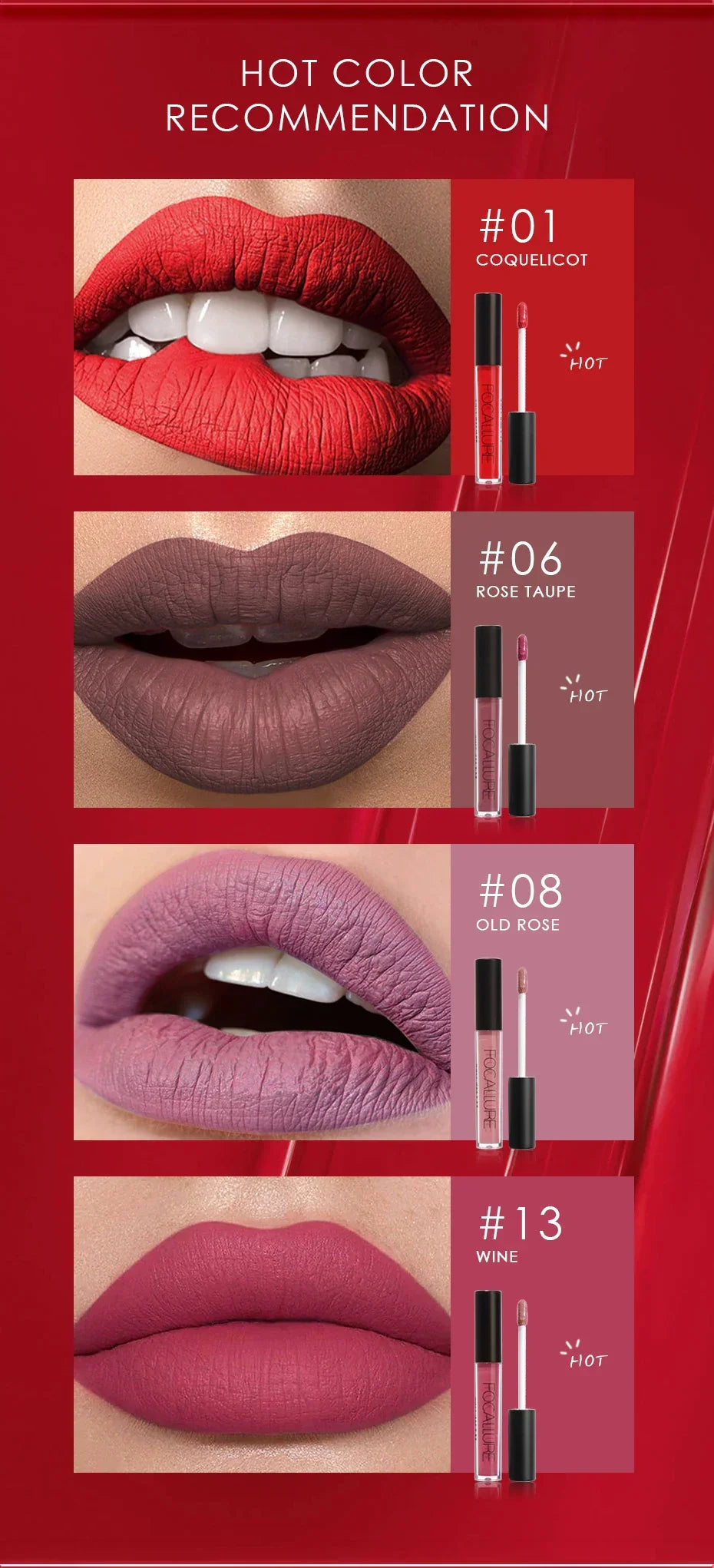 FOCALLURE Matte Liquid Lipstick Waterproof Long-lasting Lightweight Lip Gloss Lips Glaze Lips Tint Makeup for Women's Cosmetics