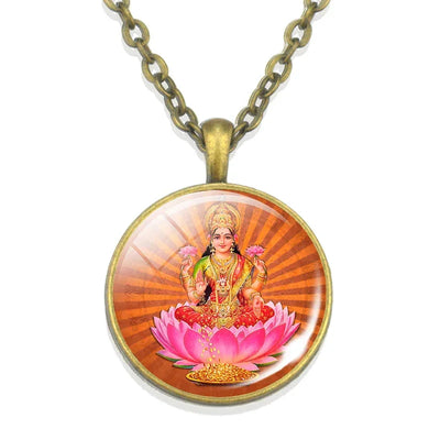 Lakshmi Goddess Pattern Bronze Retro Pendant Necklace Hinduism God Ganesh Glass Cabochon Jewelry Necklace Amulet Gift