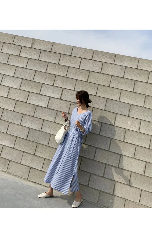 2021 Summer Striped Cotton Linen Long Dress Women Fashion Loose Vestidos Vintage V-neck Half Sleeve Dress for Women Loose