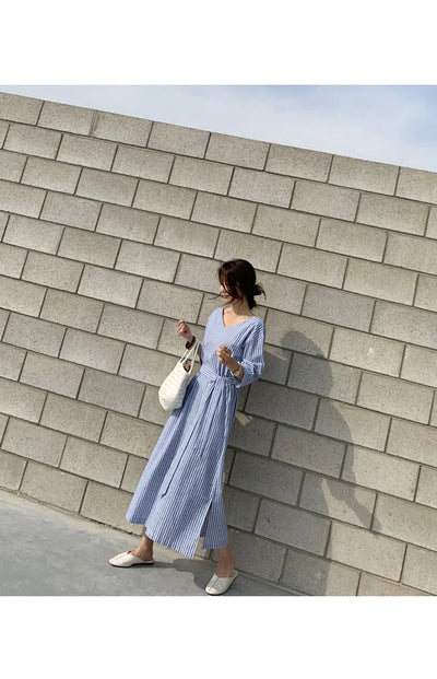 2021 Summer Striped Cotton Linen Long Dress Women Fashion Loose Vestidos Vintage V-neck Half Sleeve Dress for Women Loose