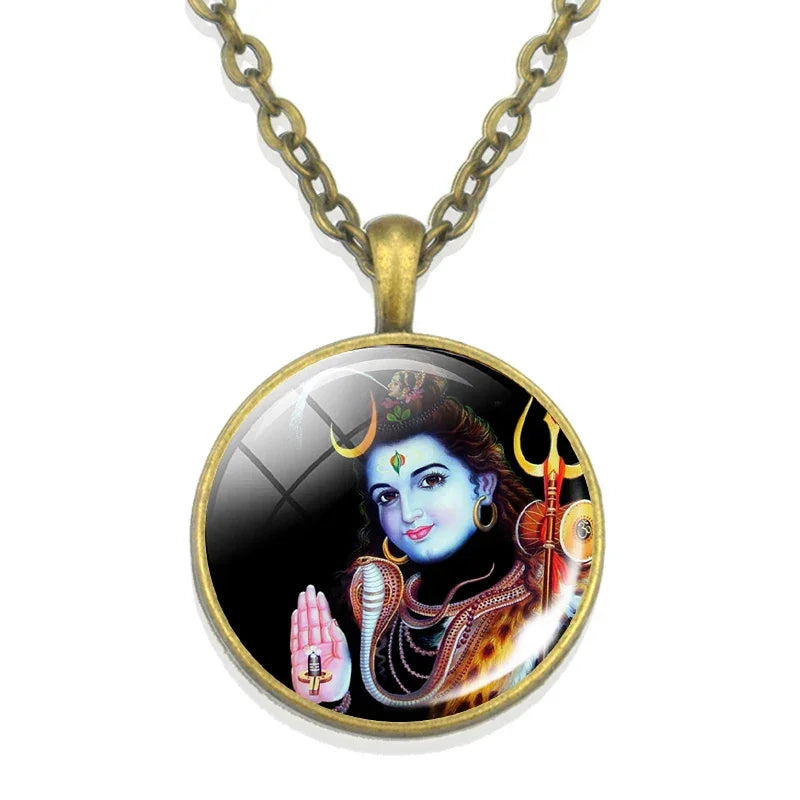 Lakshmi Goddess Pattern Bronze Retro Pendant Necklace Hinduism God Ganesh Glass Cabochon Jewelry Necklace Amulet Gift