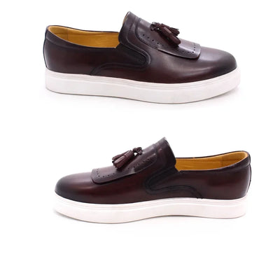 Leather casual shoes tassel high-end handmade men's shoes comfortable round toe flat shoes office banquet men's loafers