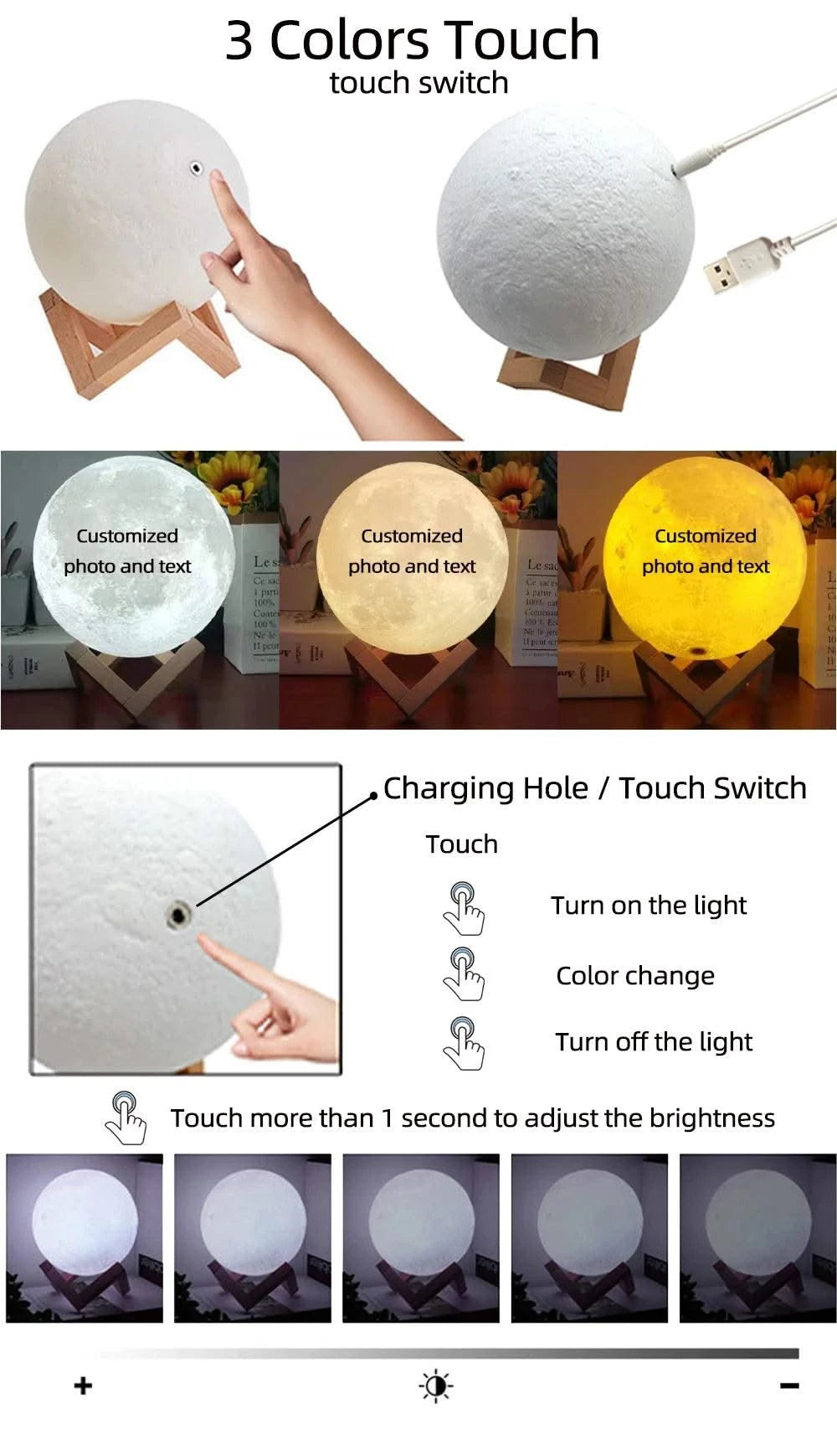 Customized 3D Printing Moon Lamp Personalized Photo Text Night Light USB Rechargeable Gift for Birthday Mother's Valentine Day