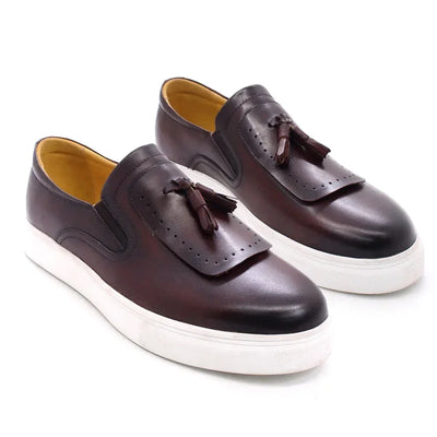 Leather casual shoes tassel high-end handmade men's shoes comfortable round toe flat shoes office banquet men's loafers
