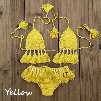 Handmade Crochet Bikini Set Laca Lita and Tassels Bead Women Swimwear Swimsuit