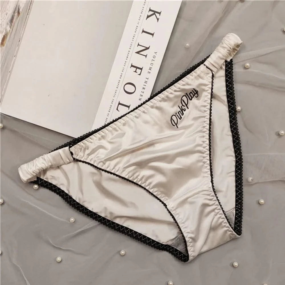 Sexy Girl Thongs Women Glossy Underwear Panty Low Waist Solid Color Satin Fabric Briefs Embroidery Fitness Sports Underpants
