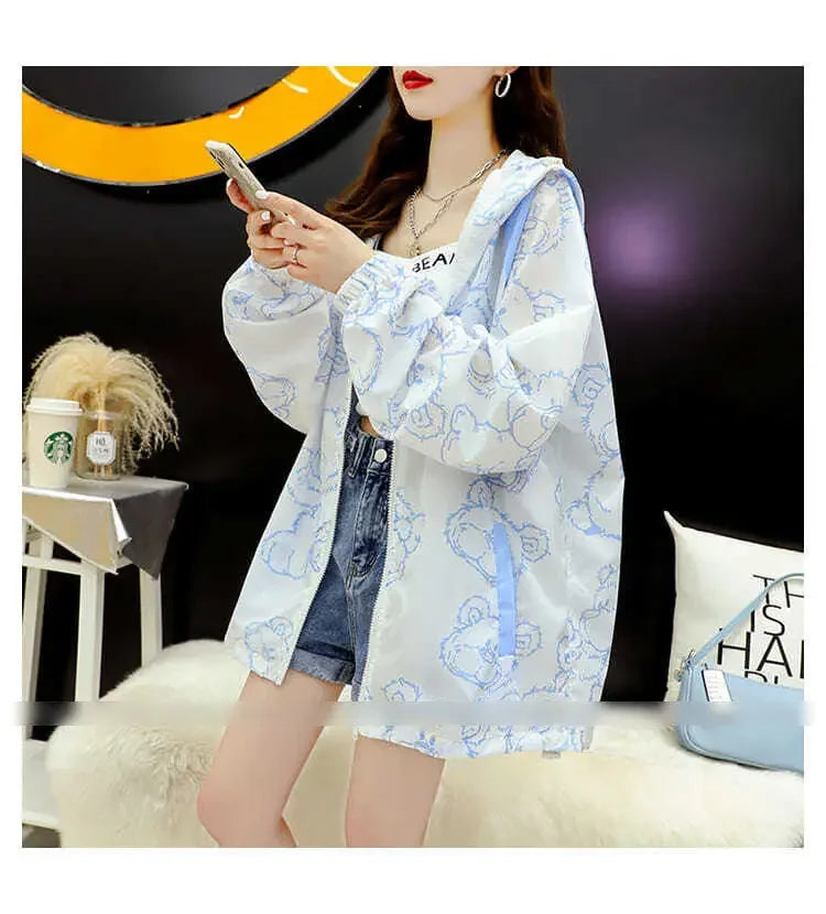 Summer Thin Sunscreen Jacket Women New Kawaii Bear Print Coats Female Casual Korean Loose Zipper Windbreaker