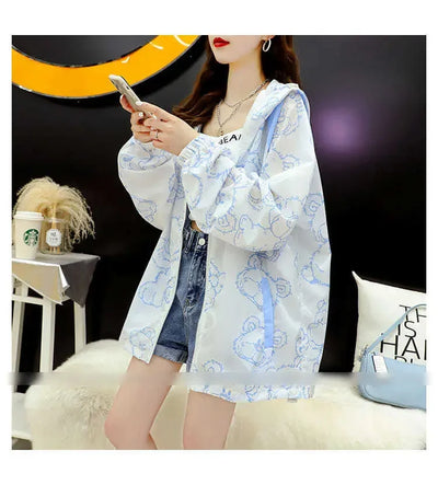 Summer Thin Sunscreen Jacket Women New Kawaii Bear Print Coats Female Casual Korean Loose Zipper Windbreaker