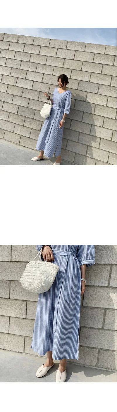 2021 Summer Striped Cotton Linen Long Dress Women Fashion Loose Vestidos Vintage V-neck Half Sleeve Dress for Women Loose