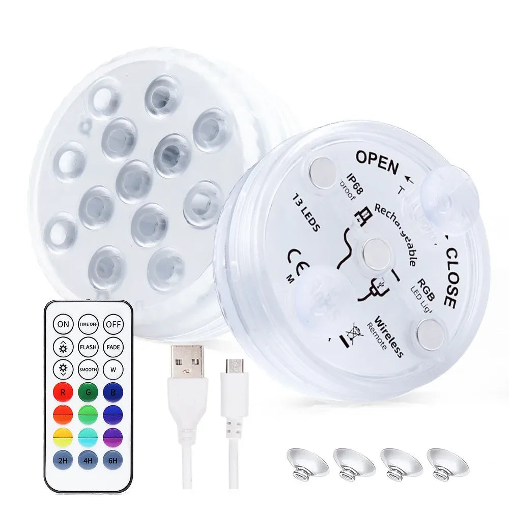 13 LEDs Magnetic Submersible LED Light Waterproof Underwater Light USB Rechargeable Swimming Pool Night Lamp With Suction Cups